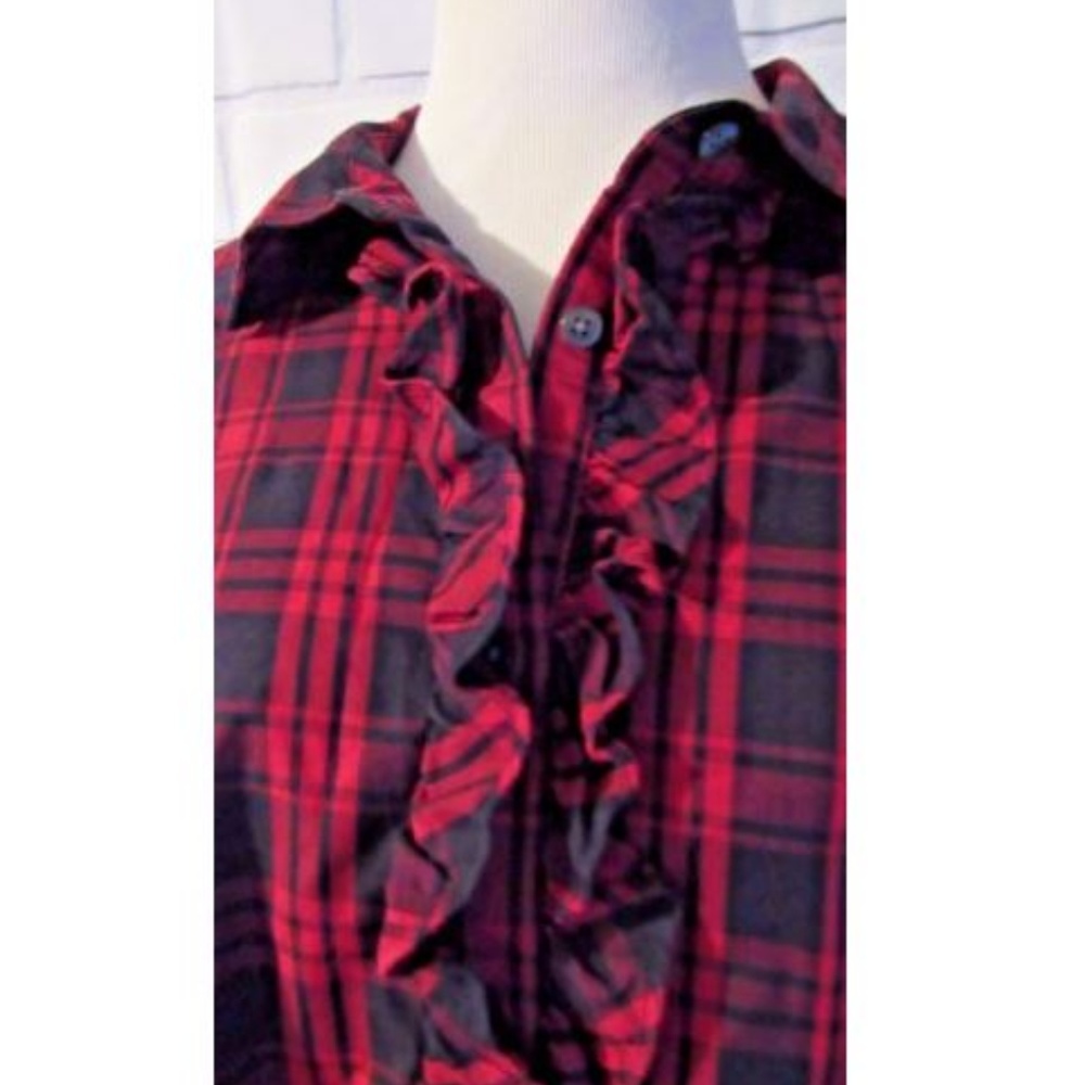 Talbots Red Plaid Ruffle Front Button Up Blouse To - image 2